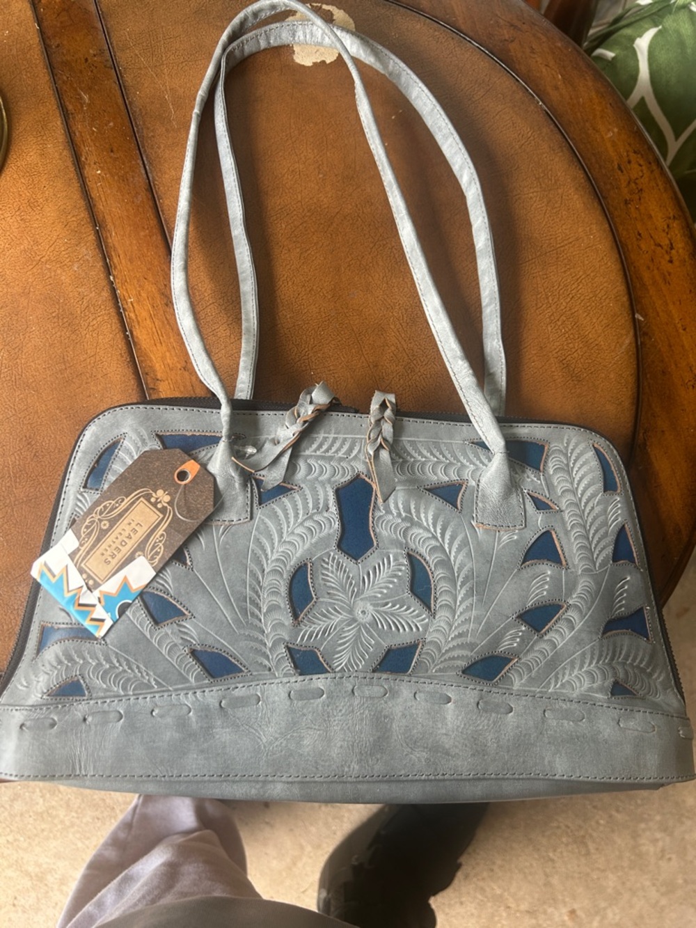 Blue Embroidered Cutout Shoulder Bag - Unbranded